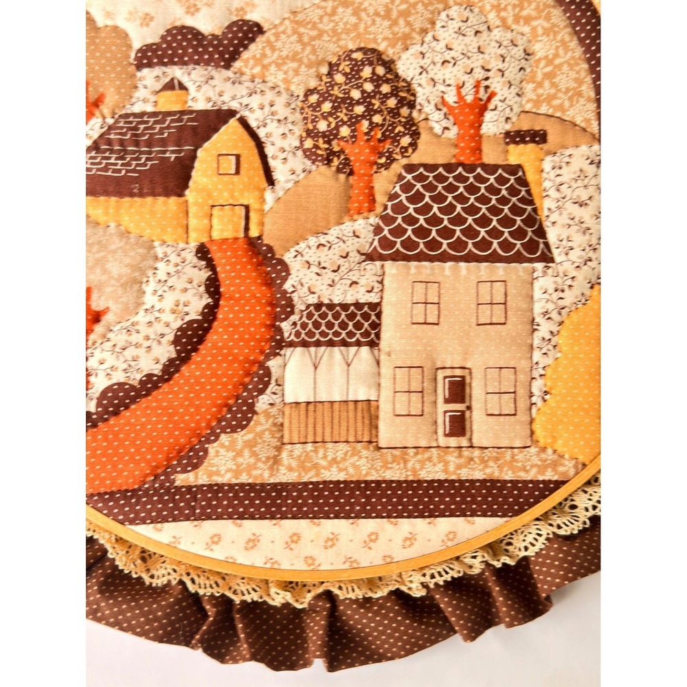 Vintage Handmade Fabric Applique Village Landscape Hoop Wall Art Ruffle 12in - Picture 8 of 11